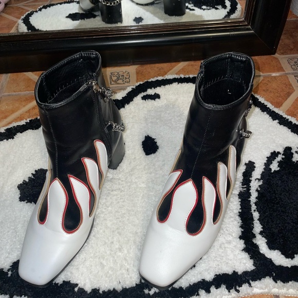 Dolls Kill Black and White Flame Ankle Boots - Picture 1 of 4